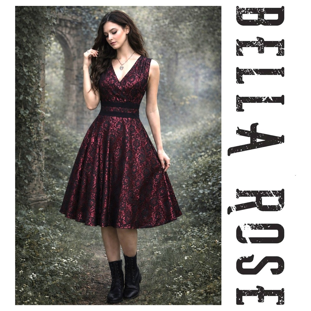 Bella Rose Vtg Y2K Red Black Lace Sequins Whimsygoth Dark Romantic Dress 12